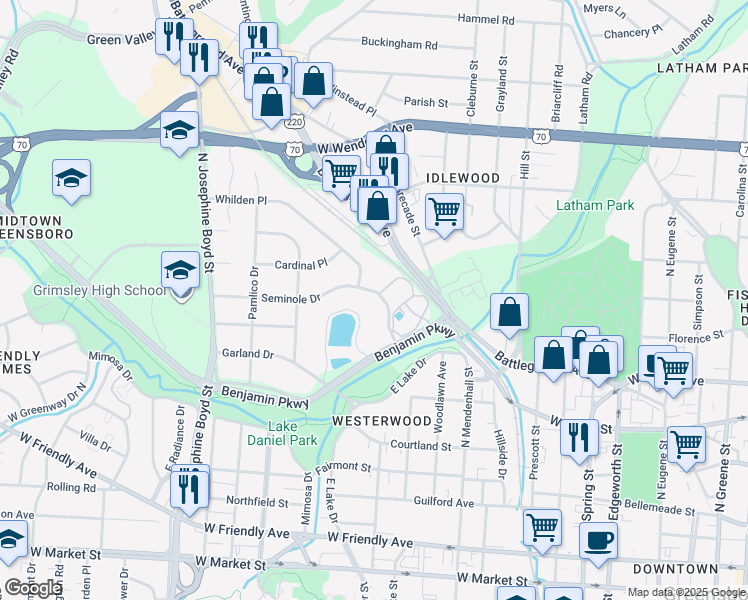 map of restaurants, bars, coffee shops, grocery stores, and more near 1319 Seminole Drive in Greensboro