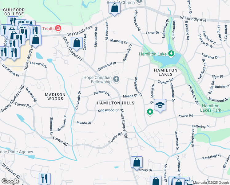 map of restaurants, bars, coffee shops, grocery stores, and more near 602 Pleasant Drive in Greensboro