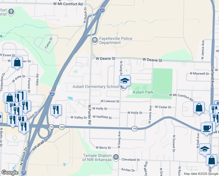 map of restaurants, bars, coffee shops, grocery stores, and more near 2155 Skyler Drive in Fayetteville