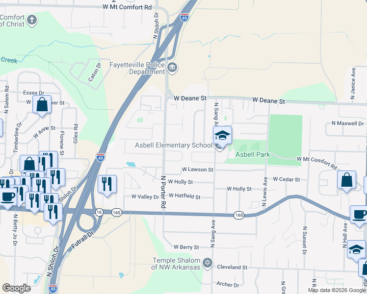 map of restaurants, bars, coffee shops, grocery stores, and more near 2299 Skyler Drive in Fayetteville