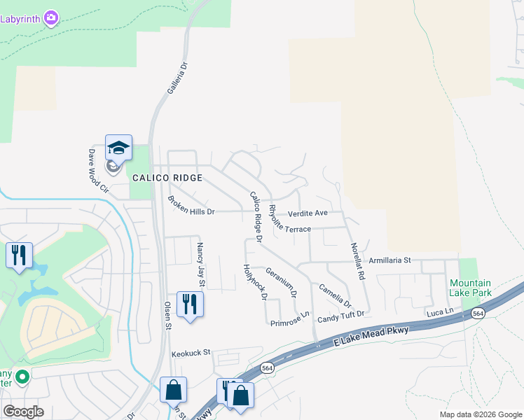map of restaurants, bars, coffee shops, grocery stores, and more near 1121 Calico Ridge Drive in Henderson
