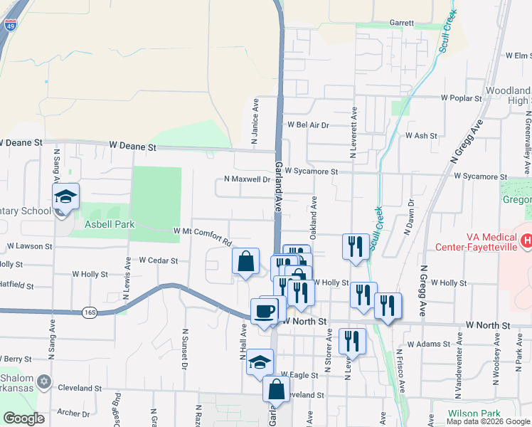 map of restaurants, bars, coffee shops, grocery stores, and more near 1124 West Hendrix Street in Fayetteville