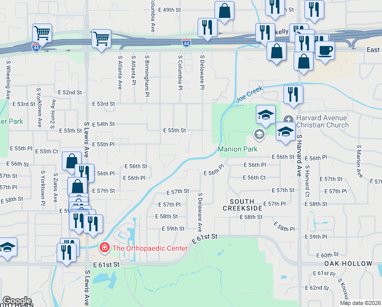 map of restaurants, bars, coffee shops, grocery stores, and more near 5553 Delaware Court in Tulsa