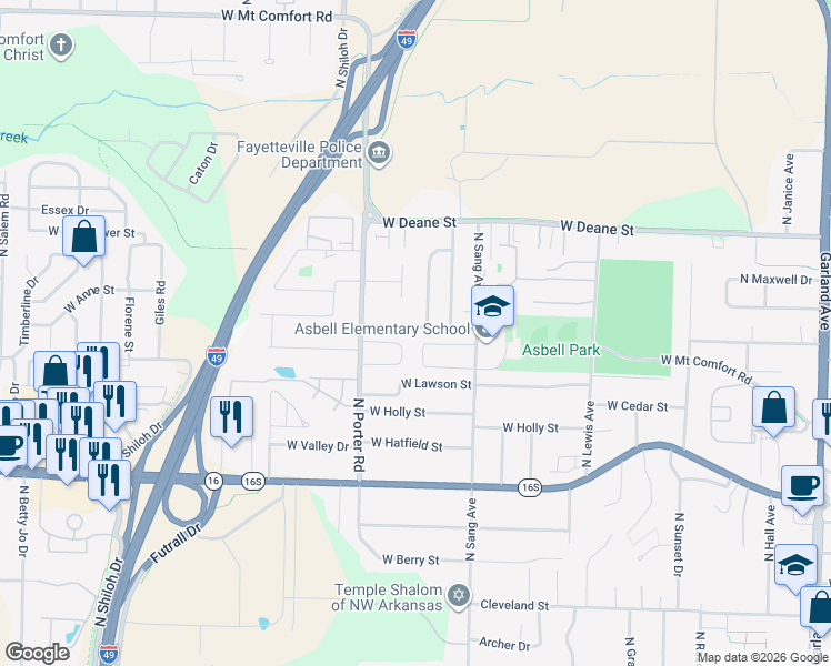 map of restaurants, bars, coffee shops, grocery stores, and more near 2299 Skyler Drive in Fayetteville