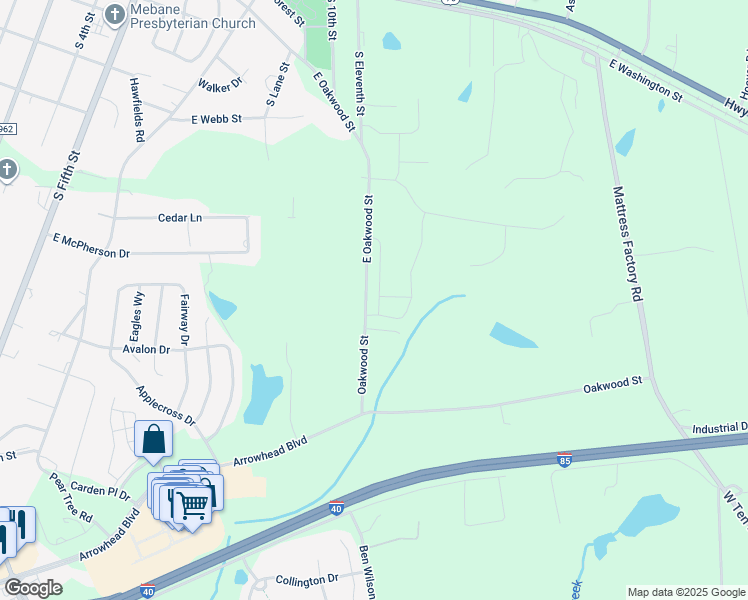 map of restaurants, bars, coffee shops, grocery stores, and more near 854 Pryor Street in Mebane