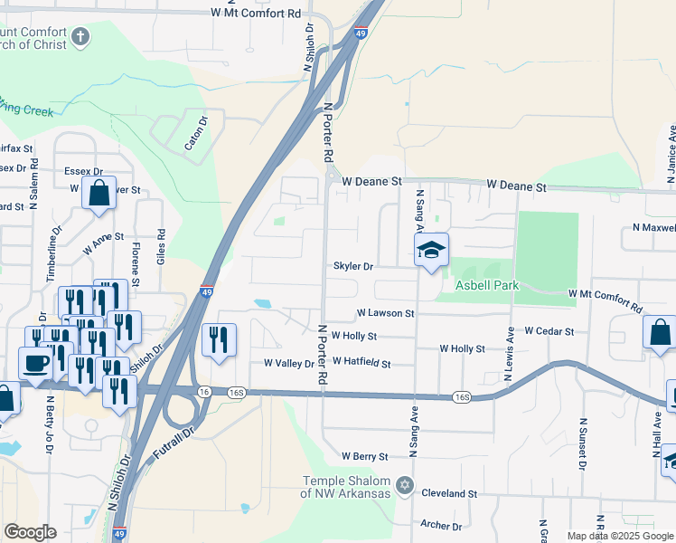 map of restaurants, bars, coffee shops, grocery stores, and more near 2369 Skyler Drive in Fayetteville