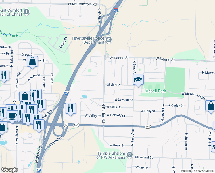 map of restaurants, bars, coffee shops, grocery stores, and more near 2369 Skyler Drive in Fayetteville