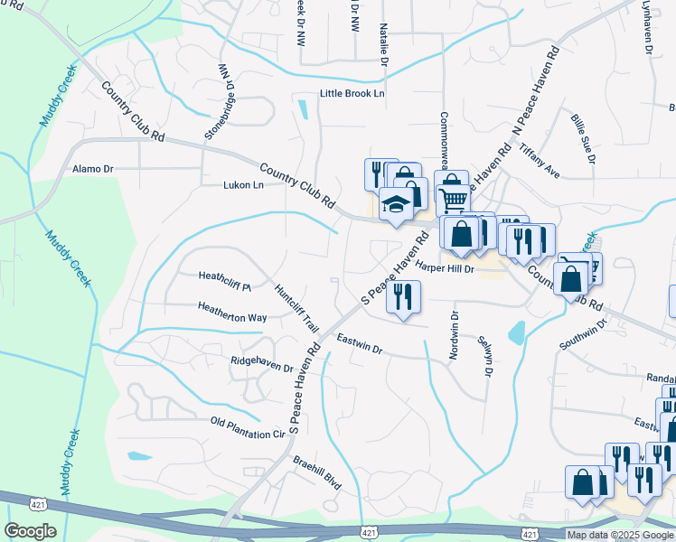 map of restaurants, bars, coffee shops, grocery stores, and more near 148 Cedar Cove Lane in Winston-Salem