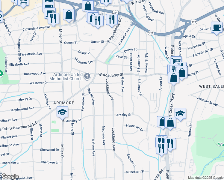 map of restaurants, bars, coffee shops, grocery stores, and more near 1839 Gaston Street in Winston-Salem