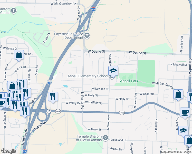 map of restaurants, bars, coffee shops, grocery stores, and more near 2299 Skyler Drive in Fayetteville
