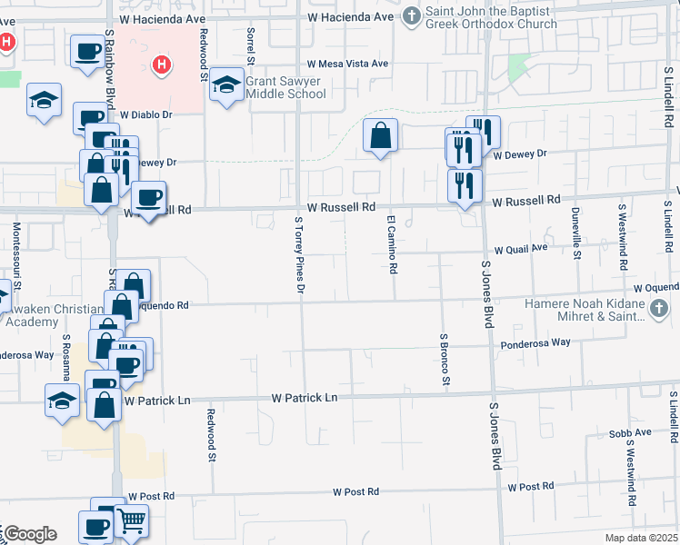 map of restaurants, bars, coffee shops, grocery stores, and more near 6430 West Oquendo Road in Las Vegas