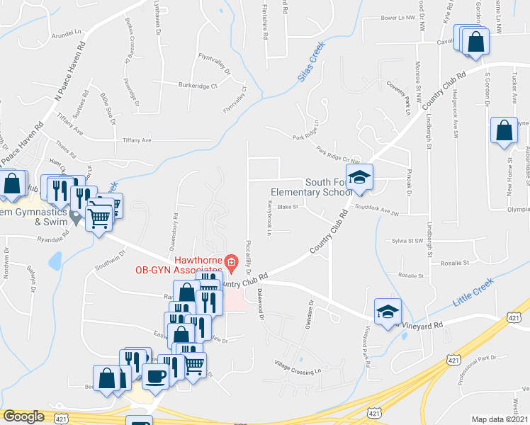 map of restaurants, bars, coffee shops, grocery stores, and more near 220 Kerrybrook Lane in Winston-Salem
