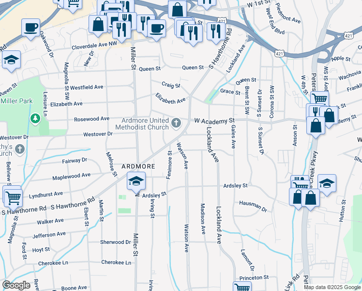 map of restaurants, bars, coffee shops, grocery stores, and more near 715 Watson Avenue in Winston-Salem