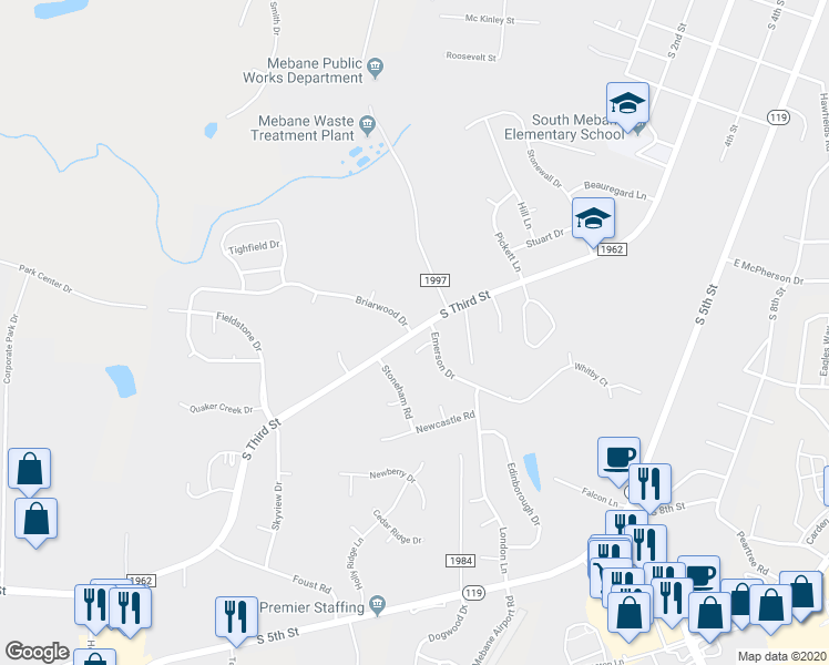map of restaurants, bars, coffee shops, grocery stores, and more near 1201 South 3rd Street Extension in Mebane