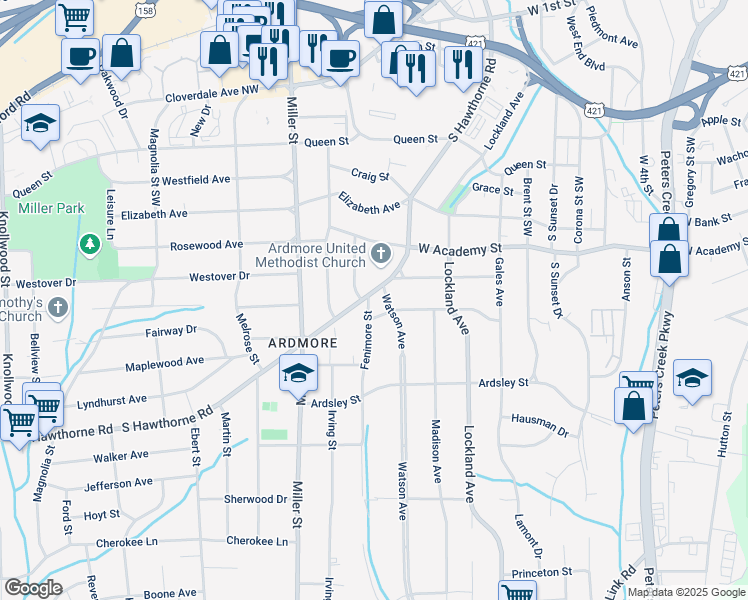 map of restaurants, bars, coffee shops, grocery stores, and more near 707 South Hawthorne Road in Winston-Salem