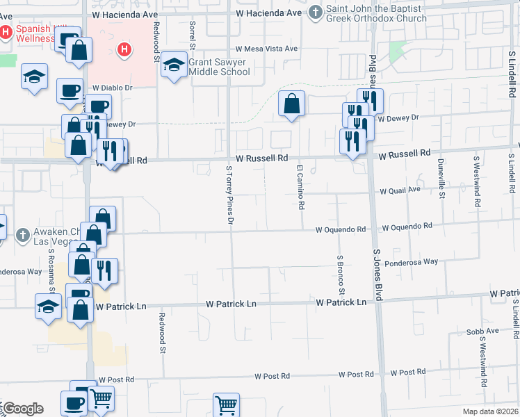map of restaurants, bars, coffee shops, grocery stores, and more near 6430 West Oquendo Road in Las Vegas