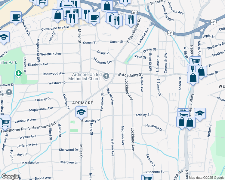 map of restaurants, bars, coffee shops, grocery stores, and more near 721 Watson Avenue in Winston-Salem