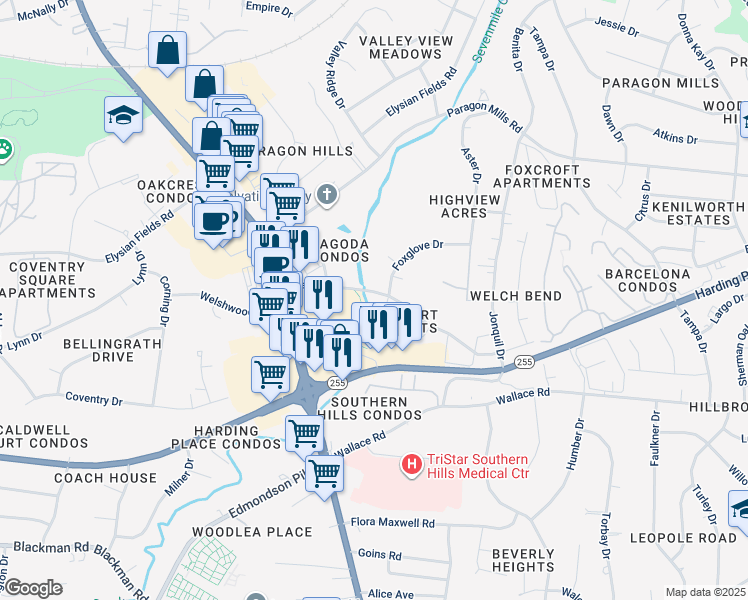 map of restaurants, bars, coffee shops, grocery stores, and more near 350 Foxglove Drive in Nashville