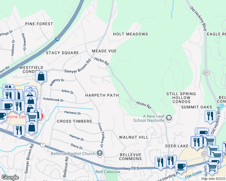 map of restaurants, bars, coffee shops, grocery stores, and more near 893 Stirrup Drive in Nashville