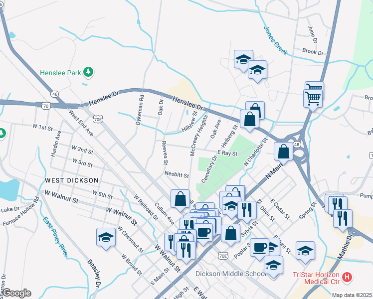 map of restaurants, bars, coffee shops, grocery stores, and more near 109B West Ray Street in Dickson