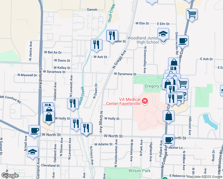 map of restaurants, bars, coffee shops, grocery stores, and more near 501 West Spruce Street in Fayetteville