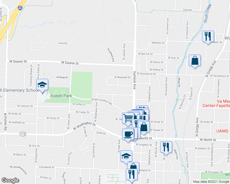 map of restaurants, bars, coffee shops, grocery stores, and more near 1278 West Hendrix Street in Fayetteville