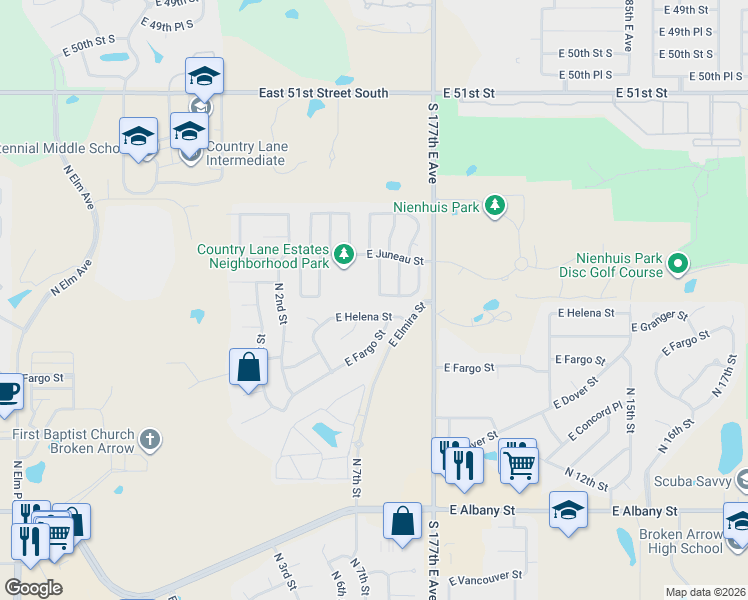 map of restaurants, bars, coffee shops, grocery stores, and more near 600 East Helena Street in Broken Arrow