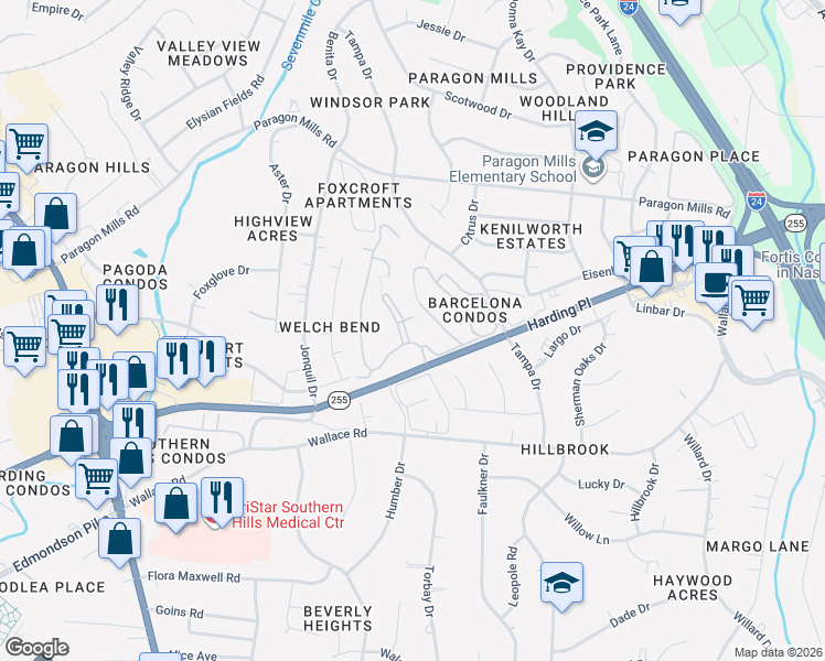 map of restaurants, bars, coffee shops, grocery stores, and more near 100 Tanglewood Court in Nashville