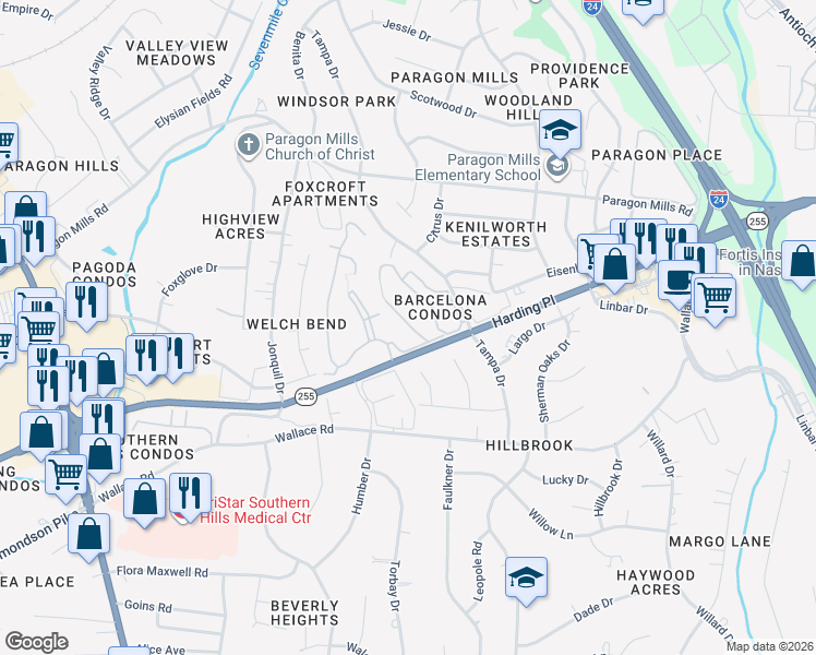 map of restaurants, bars, coffee shops, grocery stores, and more near 380 Harding Place in Nashville