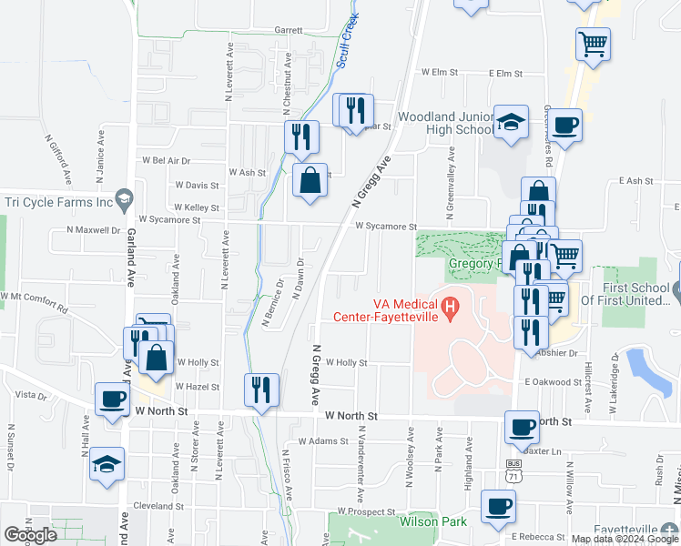 map of restaurants, bars, coffee shops, grocery stores, and more near 523 West Spruce Street in Fayetteville