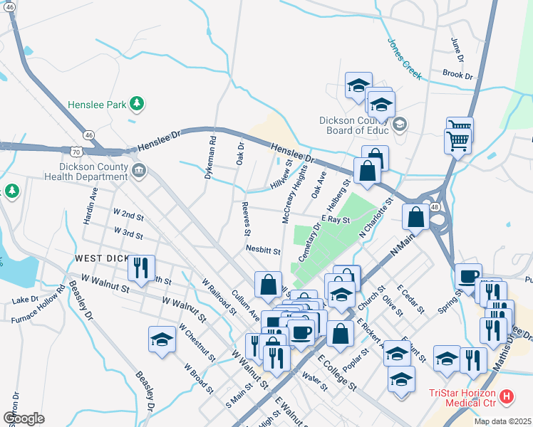 map of restaurants, bars, coffee shops, grocery stores, and more near 109B West Ray Street in Dickson