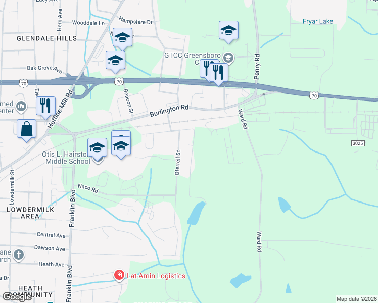 map of restaurants, bars, coffee shops, grocery stores, and more near 316 Murraylane Road in Greensboro