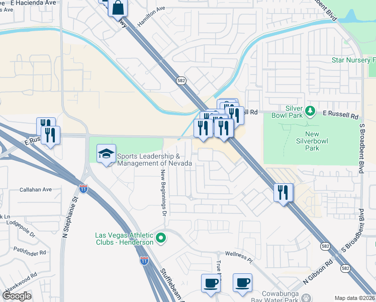 map of restaurants, bars, coffee shops, grocery stores, and more near 5854 Gentleslope Street in Henderson