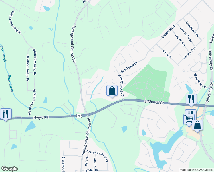 map of restaurants, bars, coffee shops, grocery stores, and more near 415 Faith Drive in Gibsonville