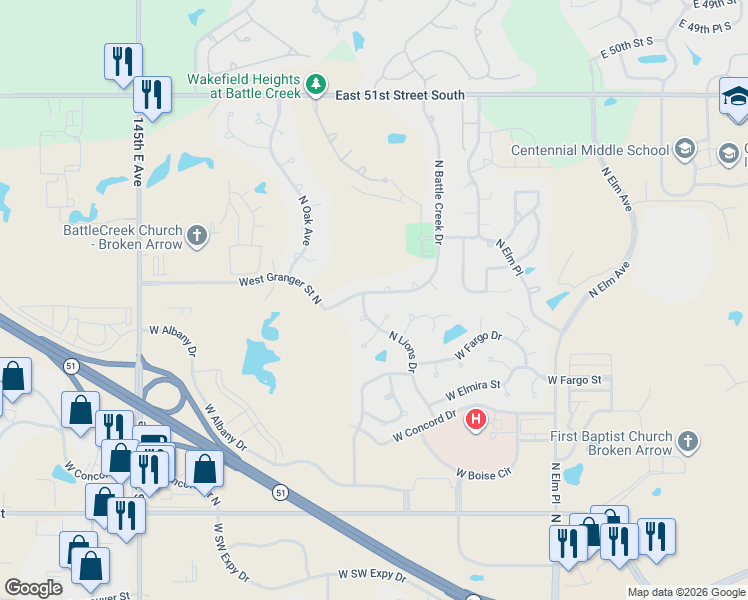 map of restaurants, bars, coffee shops, grocery stores, and more near 2936 North Juniper Court in Broken Arrow