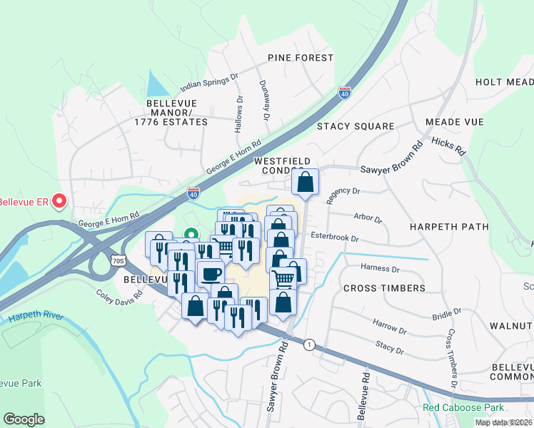 map of restaurants, bars, coffee shops, grocery stores, and more near 8075 Sawyer Brown Road in Nashville