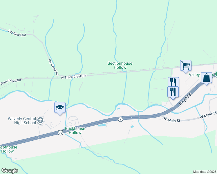 map of restaurants, bars, coffee shops, grocery stores, and more near 2199 West Trace Creek Road in Waverly