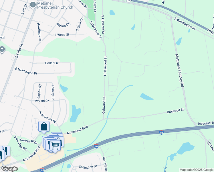 map of restaurants, bars, coffee shops, grocery stores, and more near 852 Pryor Street in Mebane