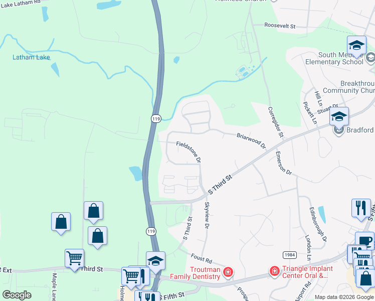 map of restaurants, bars, coffee shops, grocery stores, and more near 1119 Fieldstone Drive in Mebane
