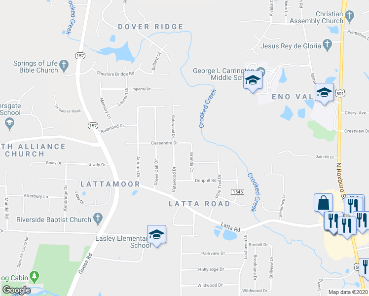 map of restaurants, bars, coffee shops, grocery stores, and more near 5037 Brenda Court in Durham
