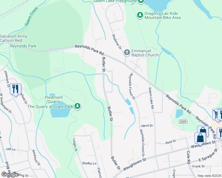 map of restaurants, bars, coffee shops, grocery stores, and more near 1269 Stonefield Crossing Court in Winston-Salem