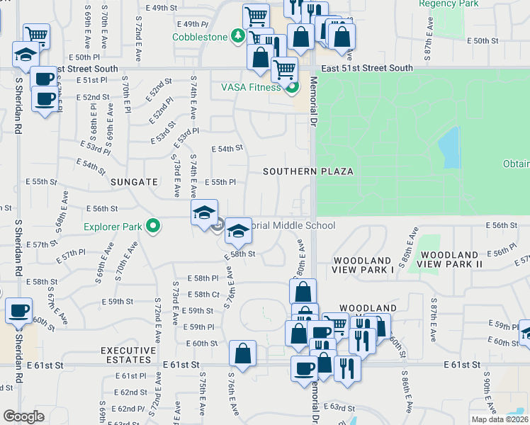 map of restaurants, bars, coffee shops, grocery stores, and more near 7717 East 57th Street in Tulsa