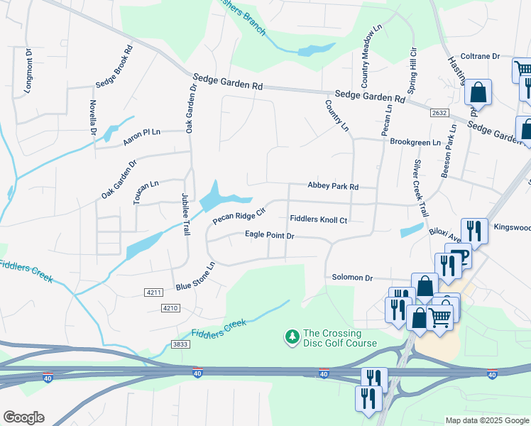 map of restaurants, bars, coffee shops, grocery stores, and more near 783 Pecan Ridge Circle in Kernersville