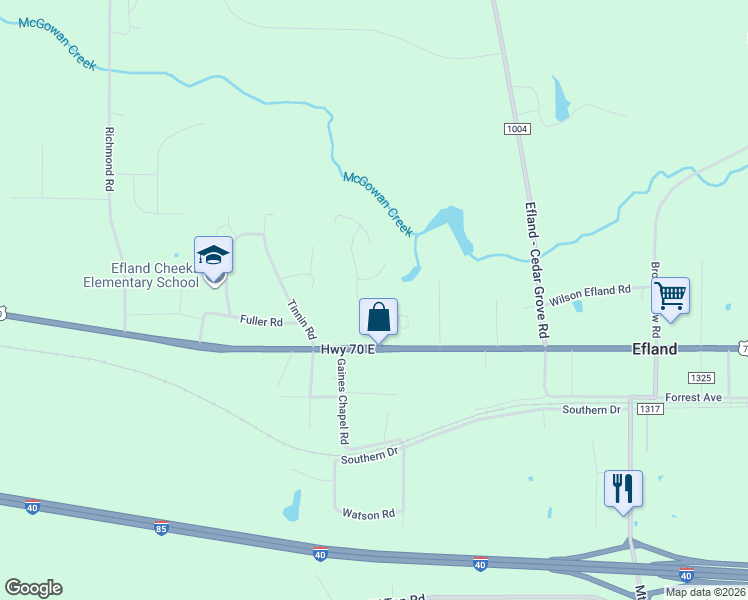 map of restaurants, bars, coffee shops, grocery stores, and more near 102 Glenwick Lane in Efland