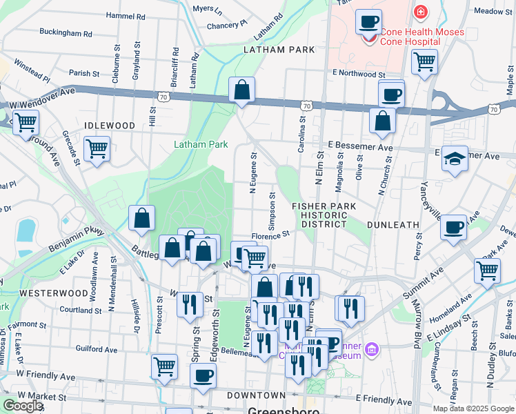 map of restaurants, bars, coffee shops, grocery stores, and more near 900 North Eugene Street in Greensboro