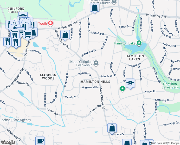 map of restaurants, bars, coffee shops, grocery stores, and more near 606 Pleasant Drive in Greensboro
