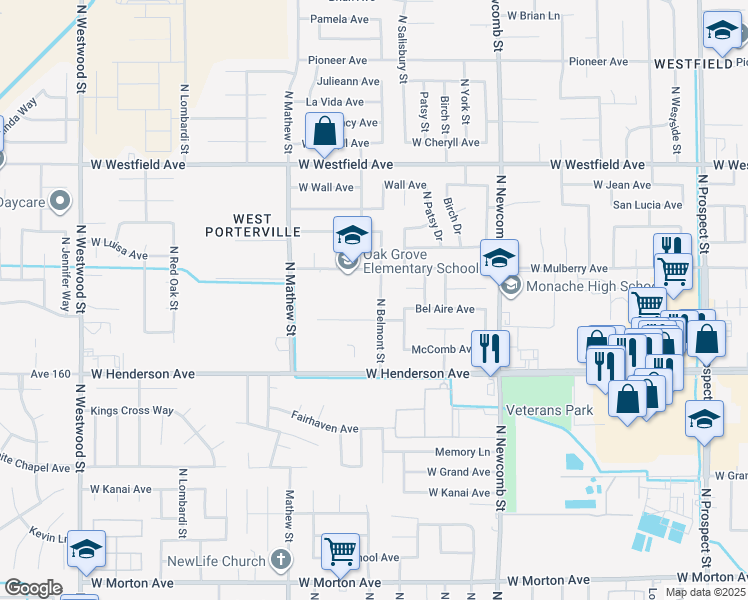 map of restaurants, bars, coffee shops, grocery stores, and more near 943 North Belmont Street in Porterville