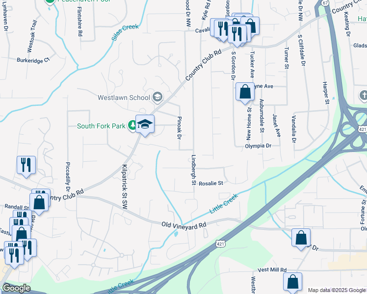 map of restaurants, bars, coffee shops, grocery stores, and more near 4500 Pinoak Drive in Winston-Salem