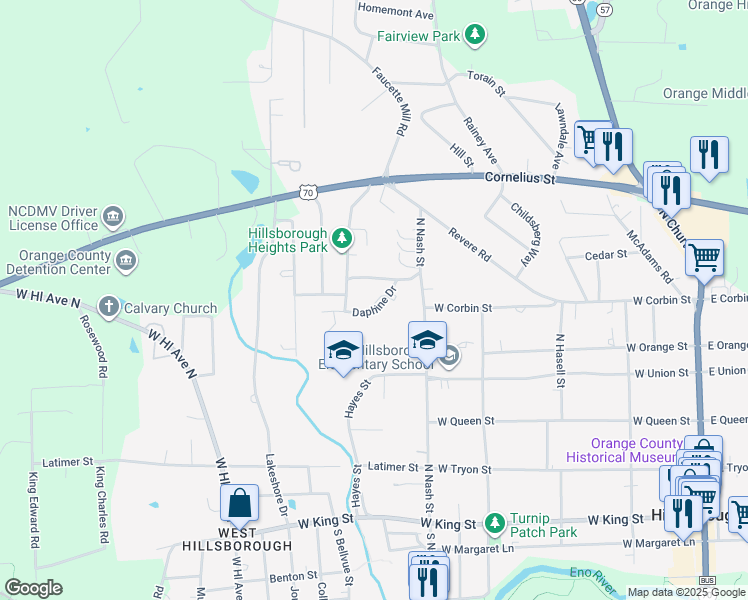 map of restaurants, bars, coffee shops, grocery stores, and more near 103 Daphine Drive in Hillsborough