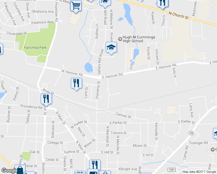 map of restaurants, bars, coffee shops, grocery stores, and more near 1109 Jeffries Street in Graham